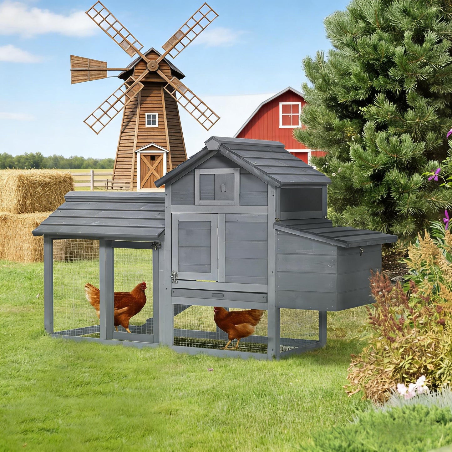 Compact Wooden Chicken Coop with Nesting Box & Run