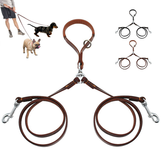 FlexLead Leather Double Dog Leash