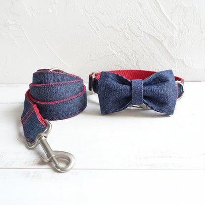 Denim Bowtie Collar & Leash Set