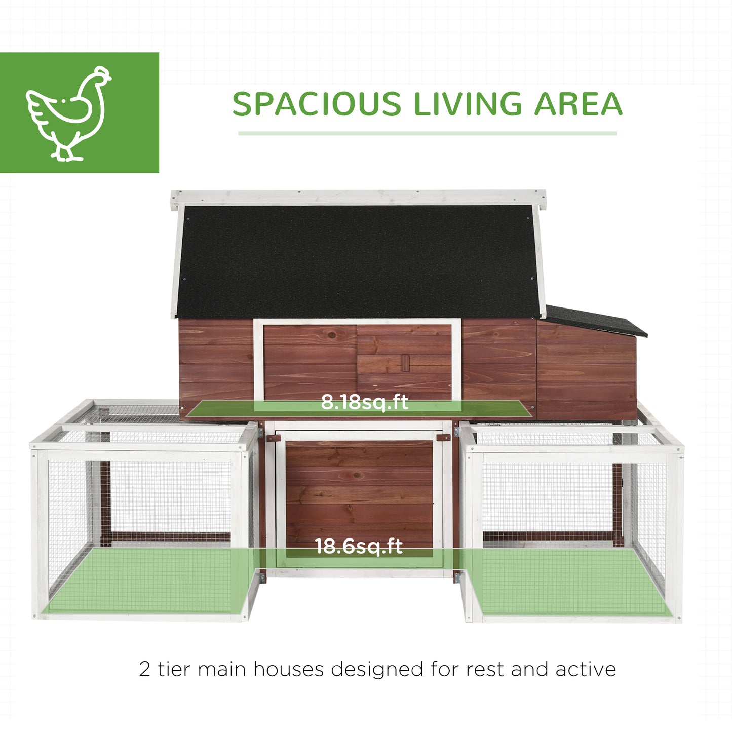 NestLoom Outdoor Chicken Coop with Nesting Box, Double Runs & Asphalt Roof