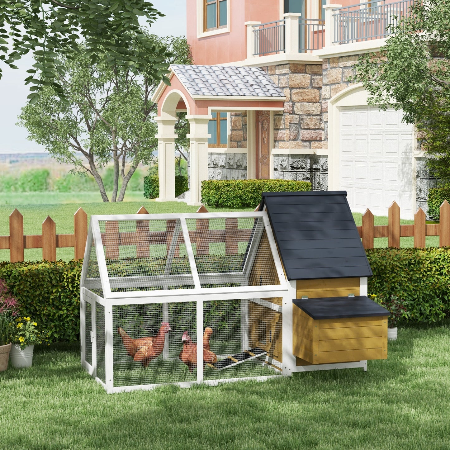 Wooden Chicken Coop with Run, Nesting Box & Ramp – Outdoor Weatherproof Hen House with Tray
