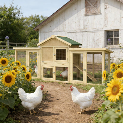 Wooden Outdoor Chicken Coop with Run – Dual Layer Hen House with Nesting Box & Ramp, Green/Natural Finish