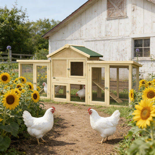 Wooden Outdoor Chicken Coop with Run – Dual Layer Hen House with Nesting Box & Ramp, Green/Natural Finish