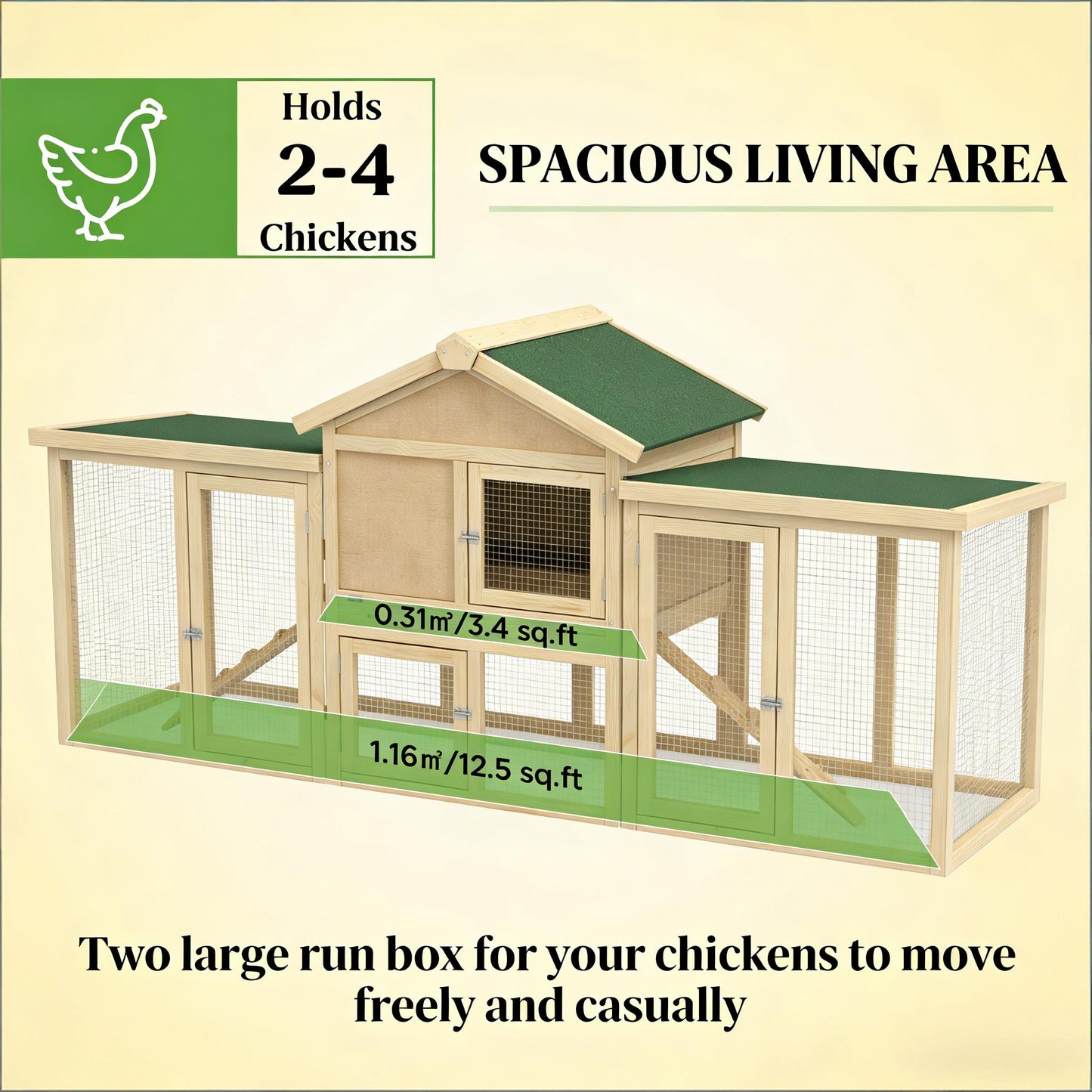 Wooden Outdoor Chicken Coop with Run – Dual Layer Hen House with Nesting Box & Ramp, Green/Natural Finish