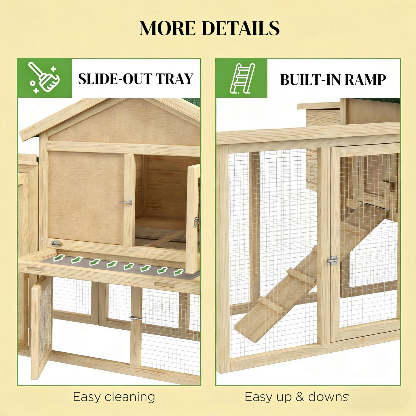 Wooden Outdoor Chicken Coop with Run – Dual Layer Hen House with Nesting Box & Ramp, Green/Natural Finish