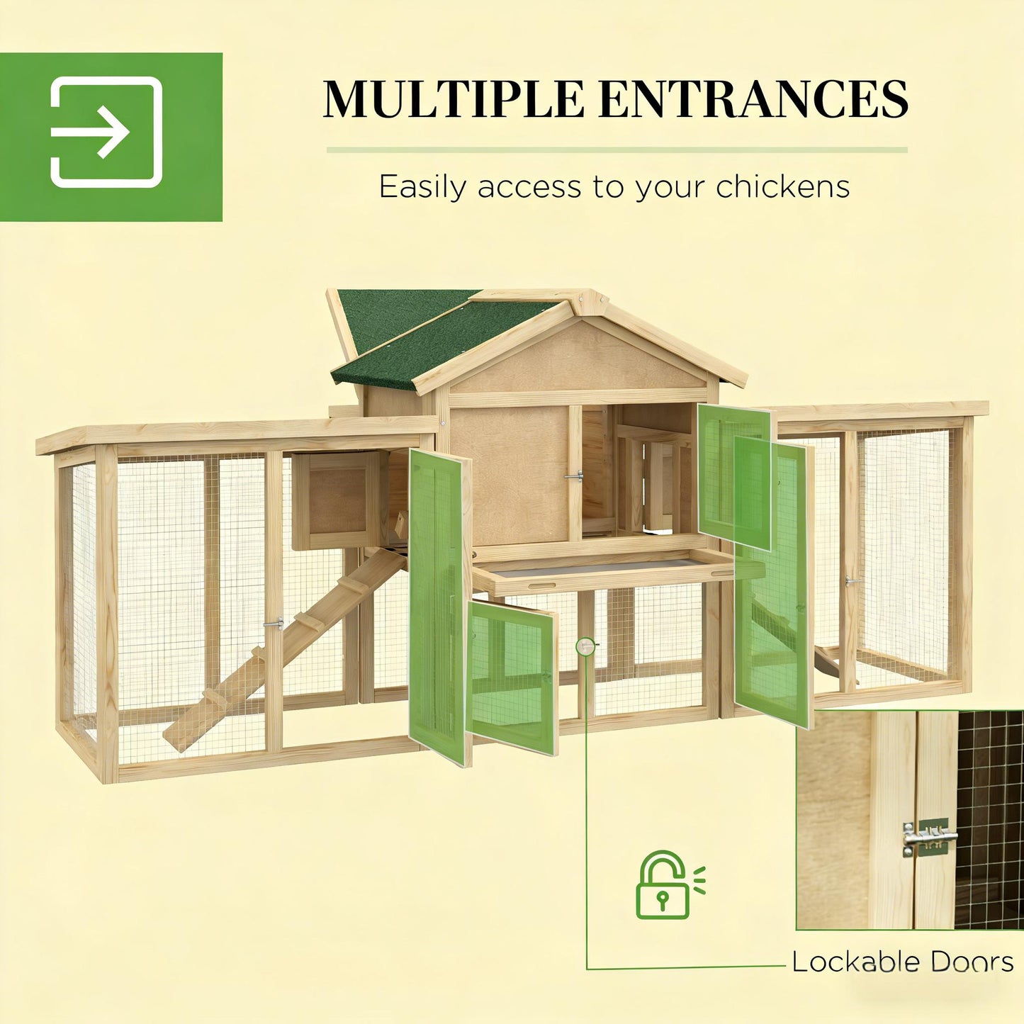 Wooden Outdoor Chicken Coop with Run – Dual Layer Hen House with Nesting Box & Ramp, Green/Natural Finish