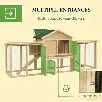 Wooden Outdoor Chicken Coop with Run – Dual Layer Hen House with Nesting Box & Ramp, Green/Natural Finish